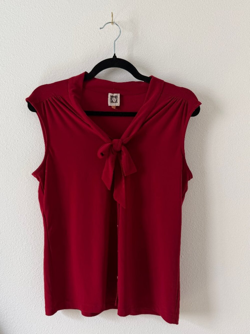 Anne Klein Red Bow Neckline Tank Top Sleeveless Blouse Size S, Elegant Classic